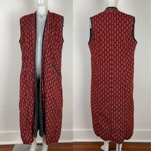 Orvis Longline Duster Vest Indian Block Print Paisley Red Open Front Fits Medium